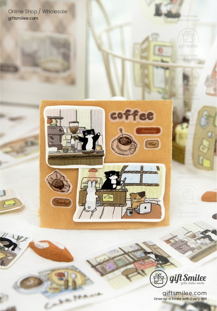 Die-Cut Washi Matte Oil-Ink Cat Cafe Scenes Washi Tape Stickers | KS-RT-1786