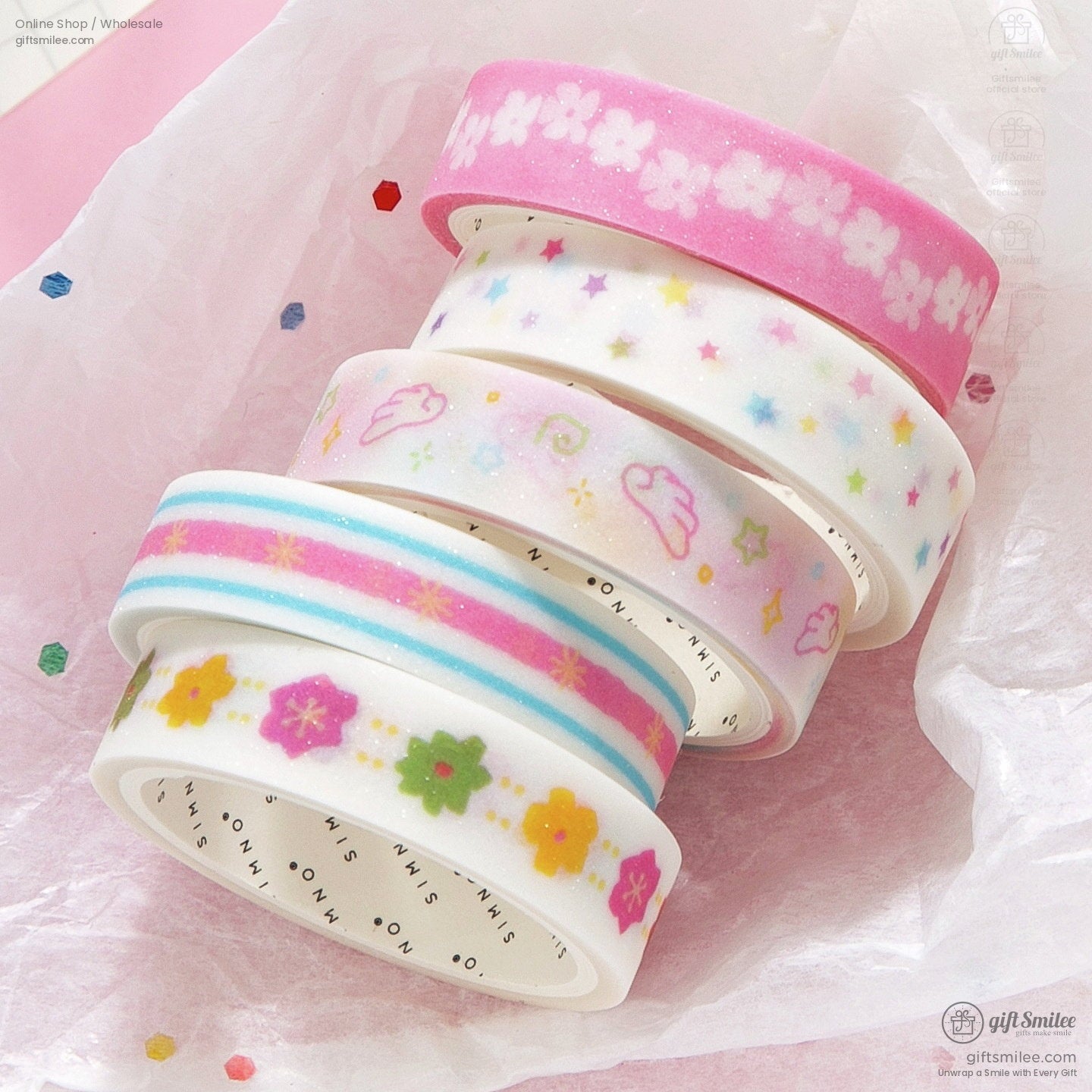 Glitter Pastel Printed 10Mm×2M 5-Roll Washi Tape Set | KS-RT-1801