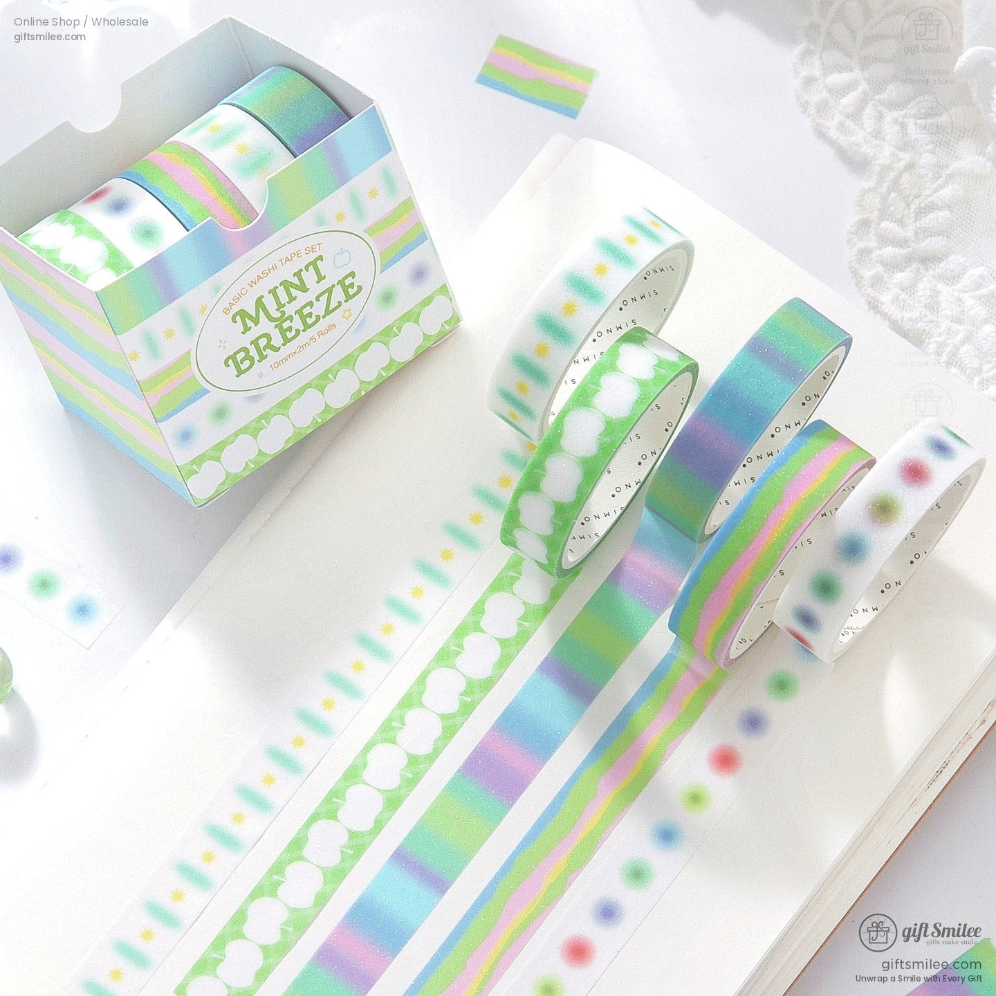 Glitter Pastel Printed 10Mm×2M 5-Roll Washi Tape Set | KS-RT-1801