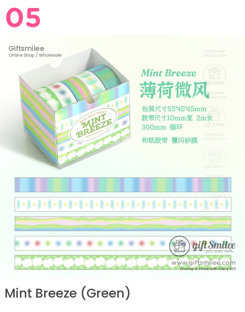 Glitter Pastel Printed 10Mm×2M 5-Roll Washi Tape Set | KS-RT-1801