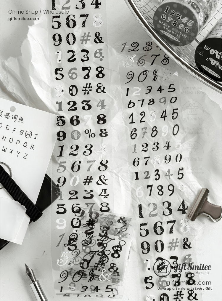 Pet White Ink Korean-Style Alphabet Number Sticker Tape | KS-RT-1806