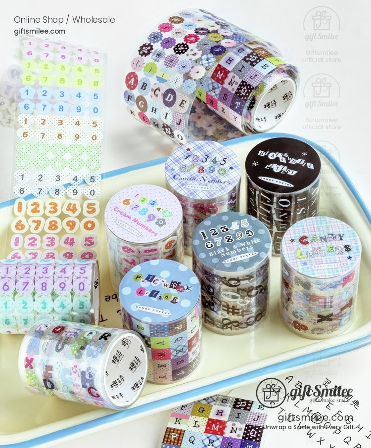 Pet White Ink Korean-Style Alphabet Number Sticker Tape | KS-RT-1806