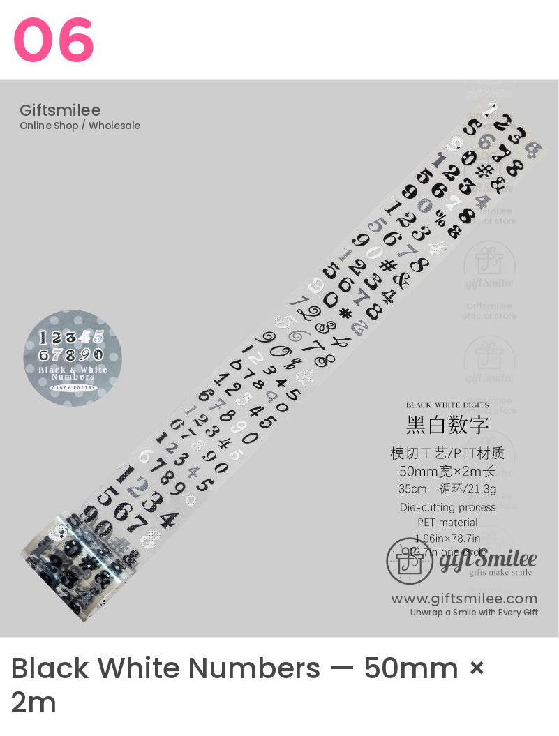 Pet White Ink Korean-Style Alphabet Number Sticker Tape | KS-RT-1806