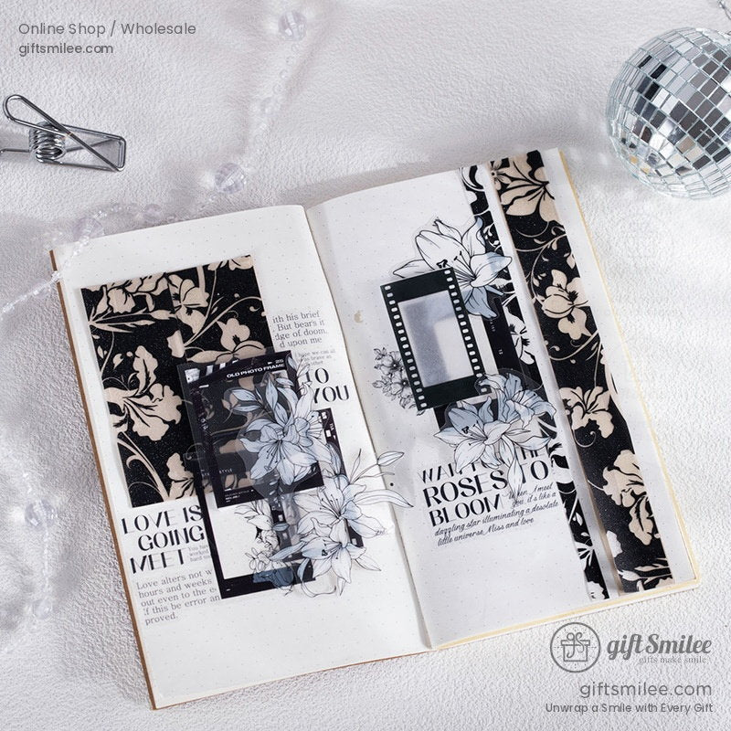 Black White Floral Glitter Pet Decorative Tape | KS-RT-1807