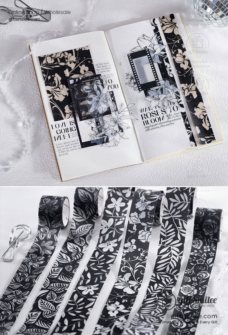Black White Floral Glitter Pet Decorative Tape | KS-RT-1807