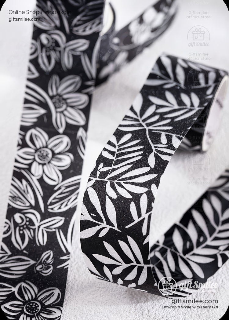 Black White Floral Glitter Pet Decorative Tape | KS-RT-1807