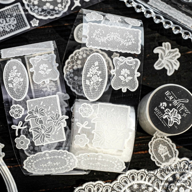 White Lace Glitter Pet Vintage Floral Decorative Tape | KS-RT-1808