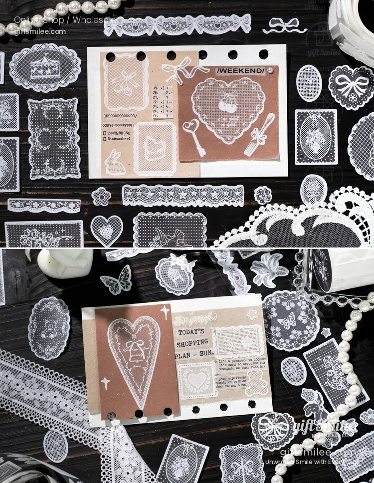 White Lace Glitter Pet Vintage Floral Decorative Tape | KS-RT-1808