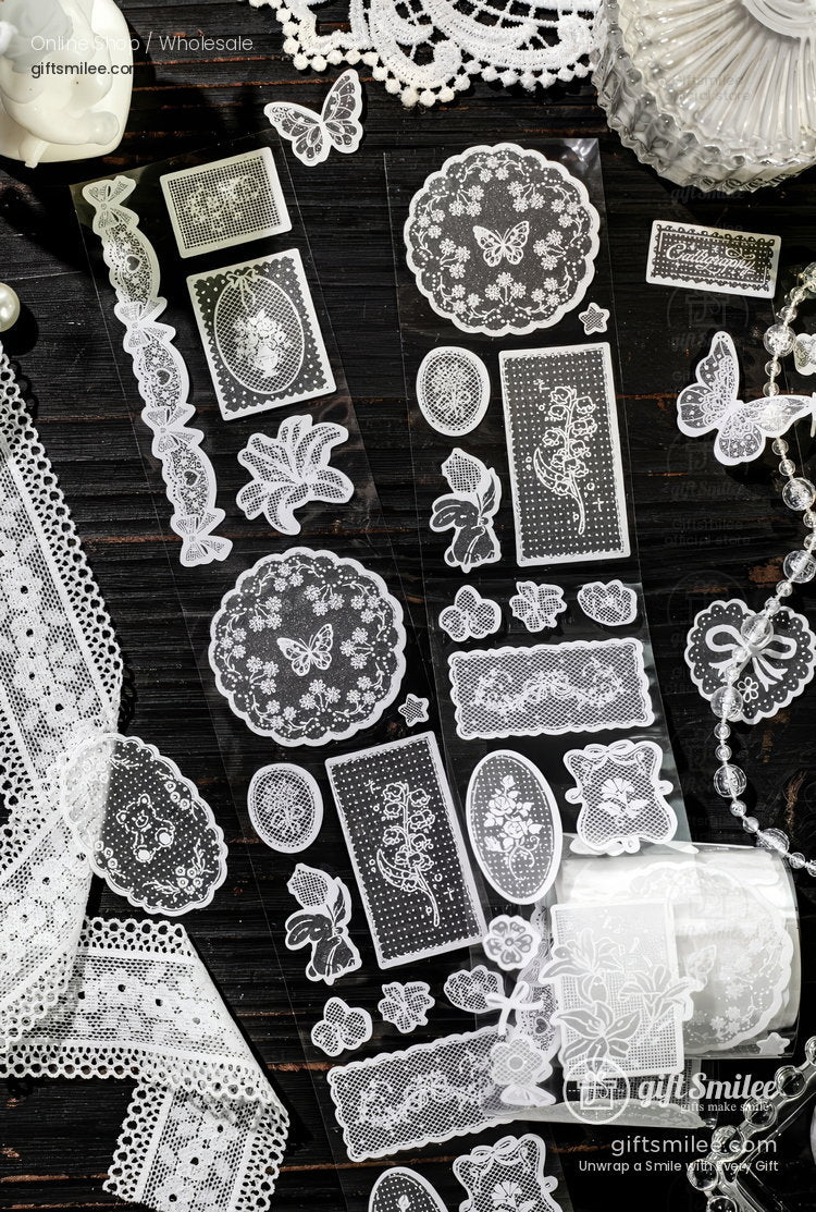 White Lace Glitter Pet Vintage Floral Decorative Tape | KS-RT-1808
