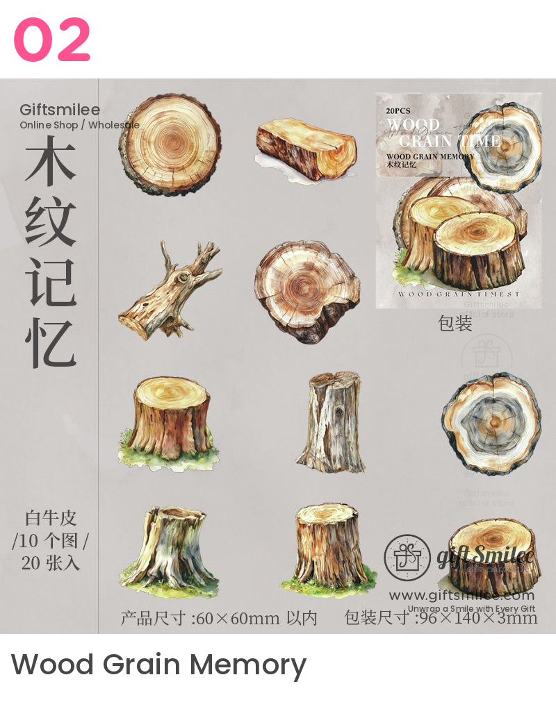 復古木紋花卉剪貼簿貼紙 - 自然主題貼花（20張）貼紙 | 日本風格