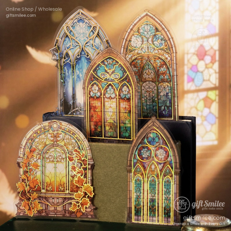 Vibrant Gothic stained glass window stickers in warm sunlight