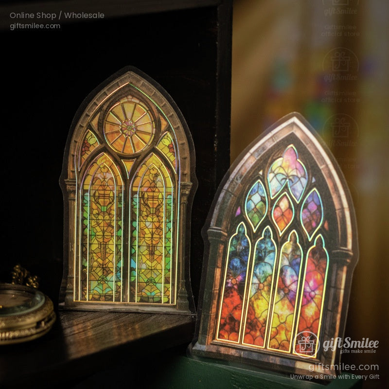 Vibrant Gothic stained glass window stickers in warm sunlight