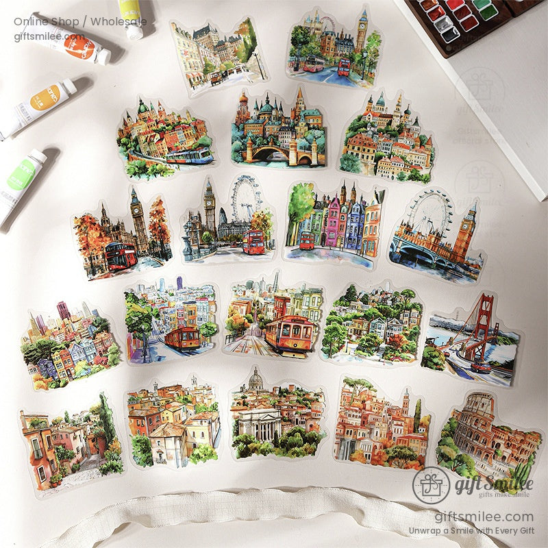 Set of Colorful World 3D landmark stickers featuring vibrant cityscapes like tulip gardens and iconic bridges