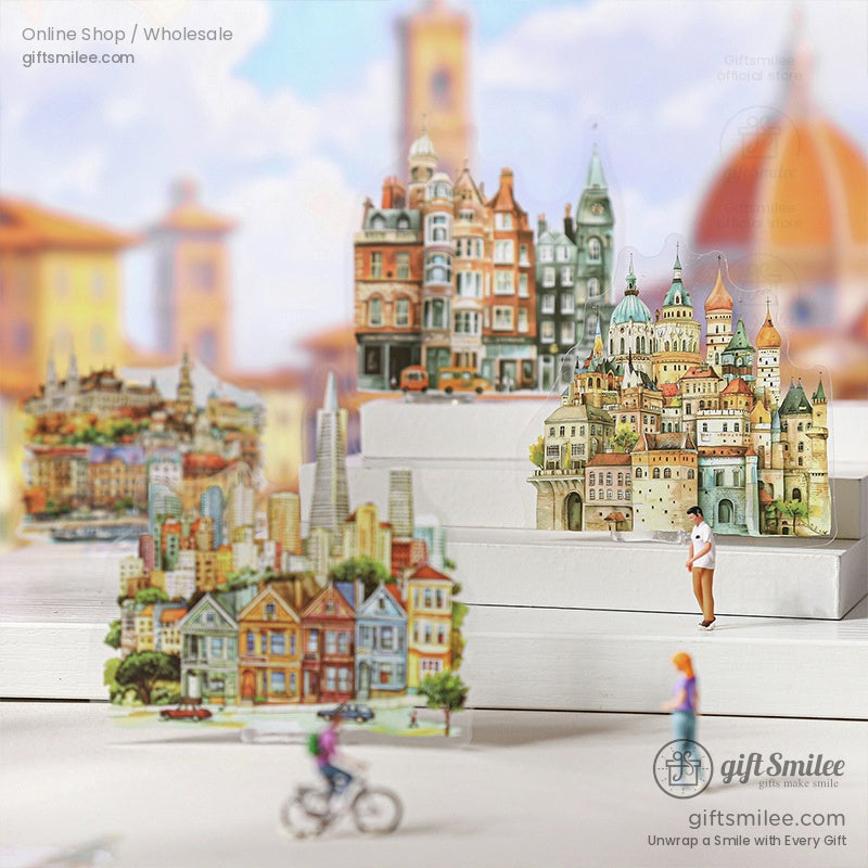 Miniature 3D cityscape stickers displayed on white shelves, highlighting intricate architectural details