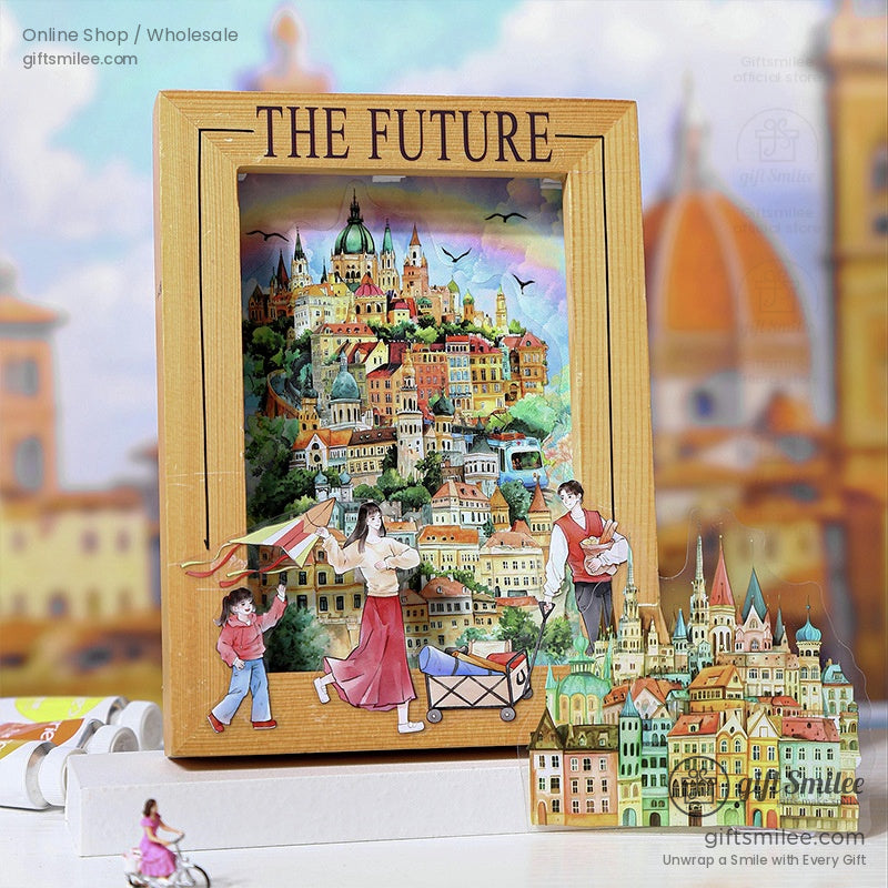 Decorative 3D stickers in a wooden frame with families enjoying vibrant European cityscapes