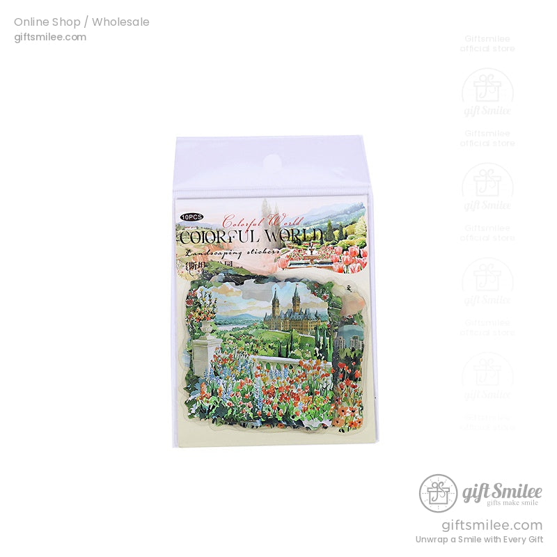 Packaged Colorful World 3D stickers featuring gardens and vibrant landscapes, ready for scrapbooking