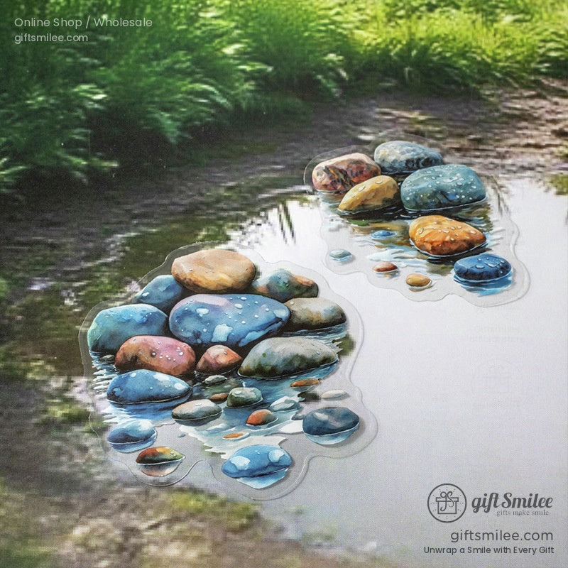 A nature-themed watercolor sticker featuring a serene puddle reflecting autumn trees and a bright sky