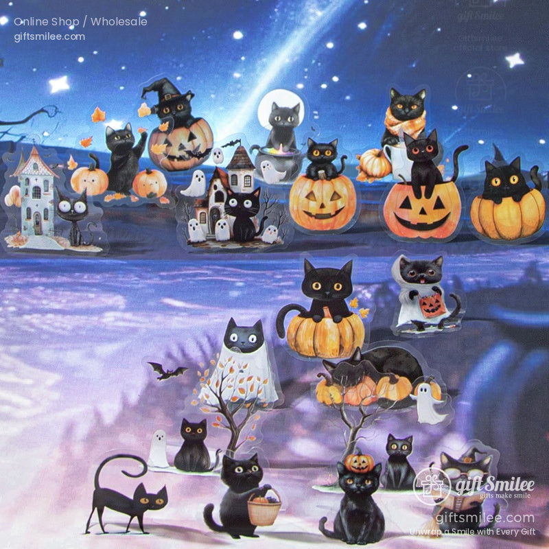 Multiple black cats in Halloween-themed scenes with pumpkins, ghosts, and a spooky night sky