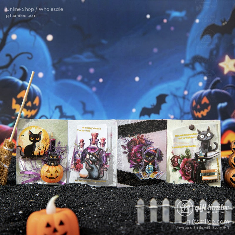 Black cats in mystical Halloween settings with potions, pumpkins, and tarot cards