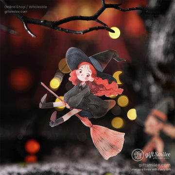 Whimsical red-haired witch flying on a broomstick with a magical night background