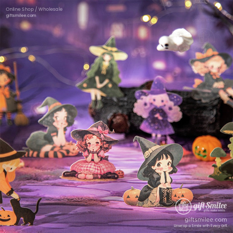 Whimsical red-haired witch flying on a broomstick with a magical night background