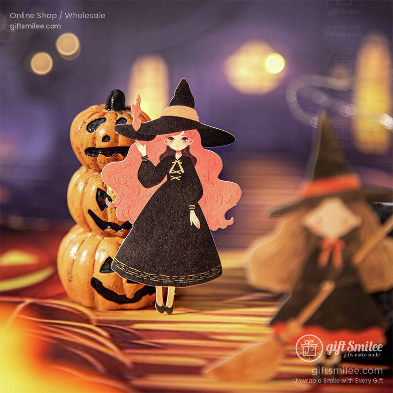 Witch with fiery red hair standing beside glowing jack-o-lanterns in a charming Halloween scene