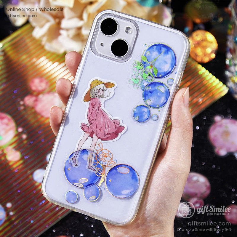 A transparent phone case decorated with blue bubble stickers and an artistic girl illustration, showcasing a creative application