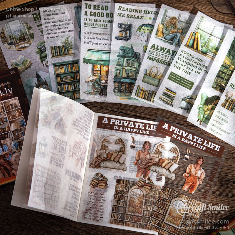 Aesthetic vintage stickers with cozy reading quotes and library scenes