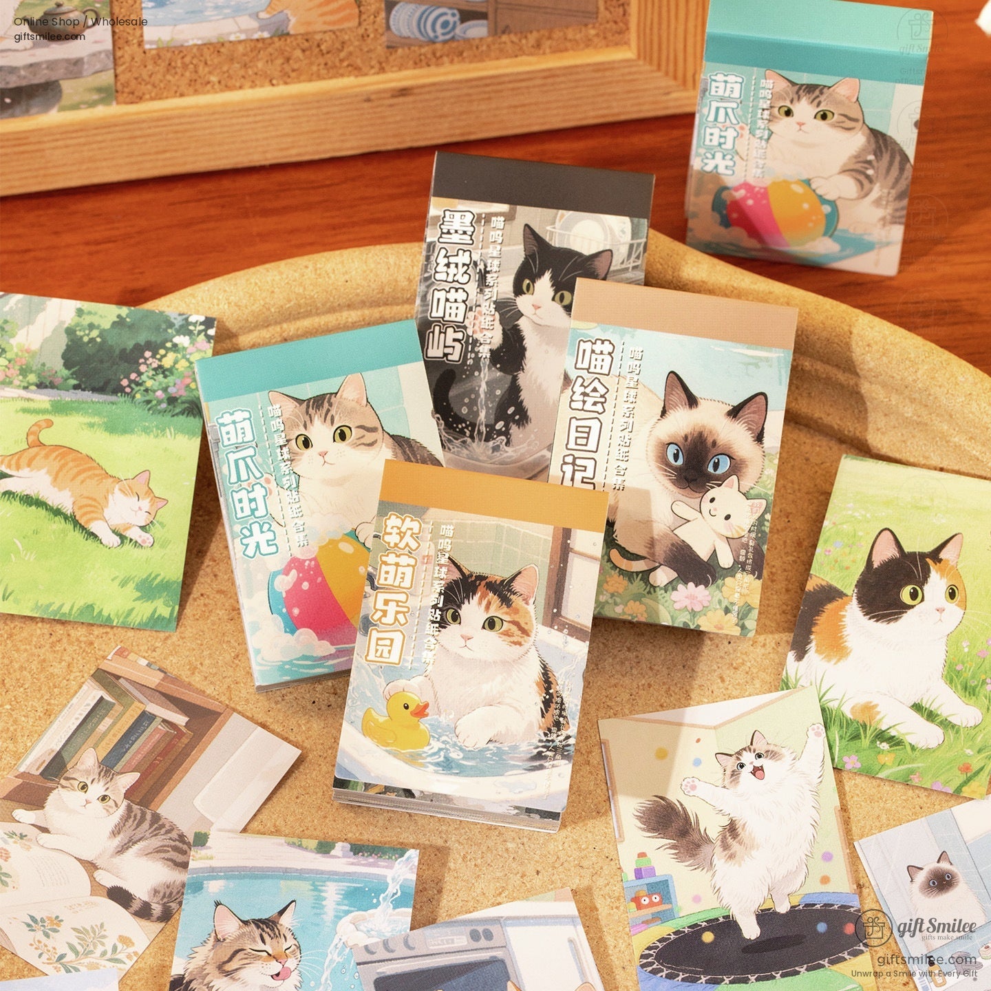 A set of cute cat illustration stickers featuring playful kittens in vibrant scenes