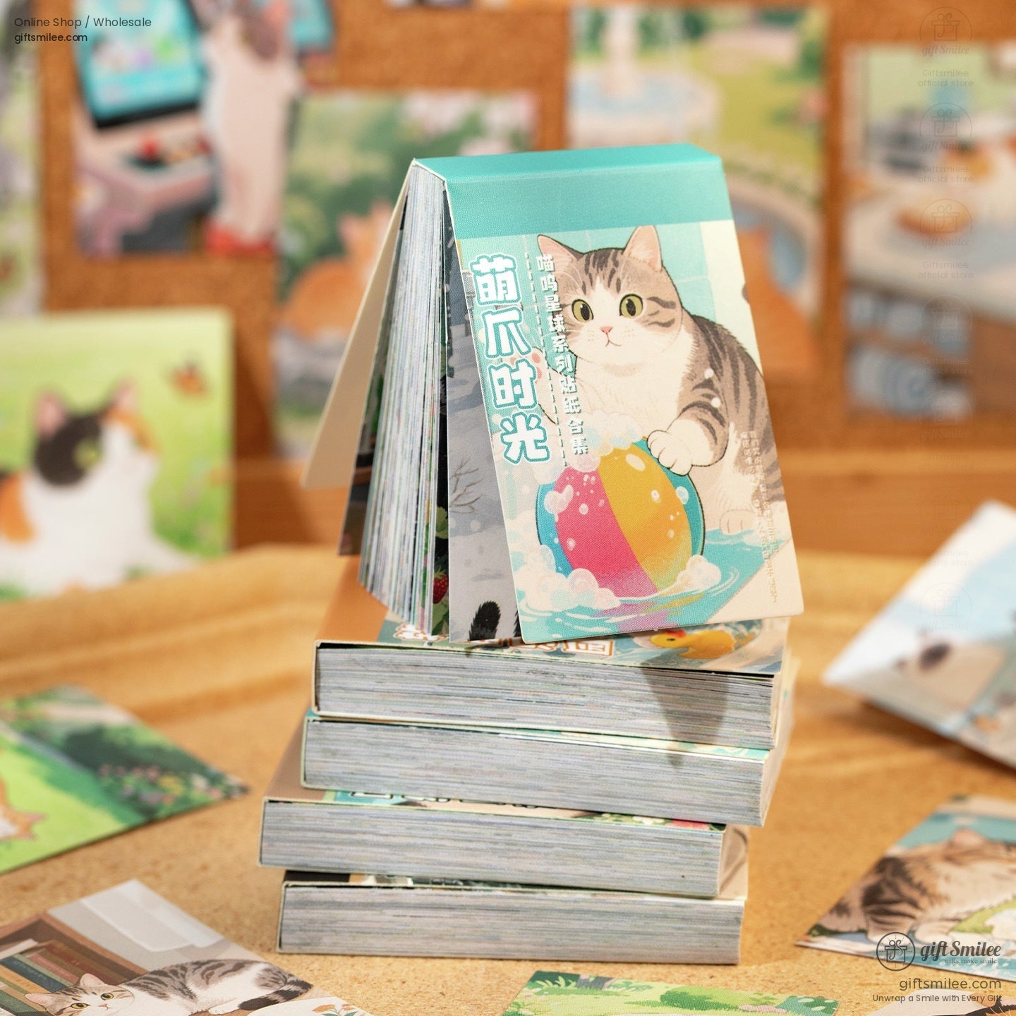 Stacked colorful cat-themed sticker packs with adorable feline designs