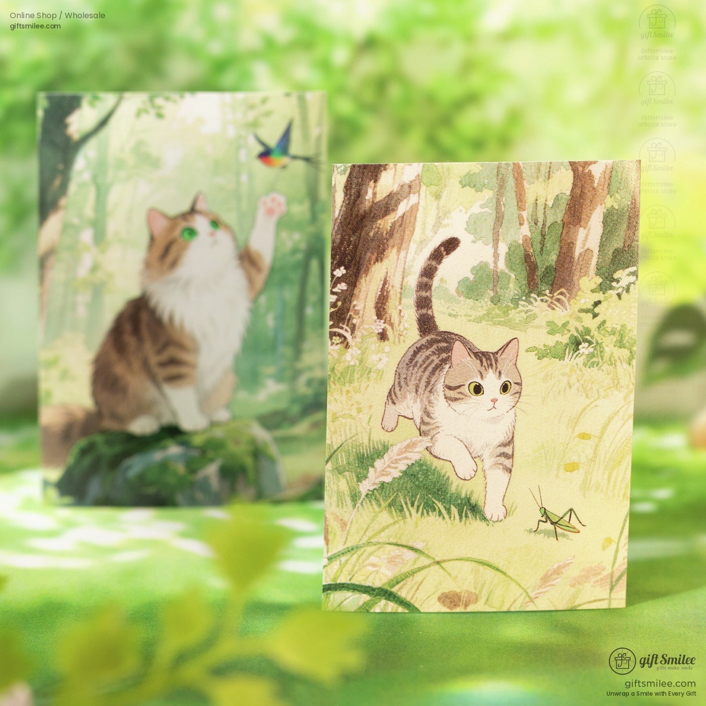 Close-up of whimsical cat illustrations in natural settings, perfect for crafting projects