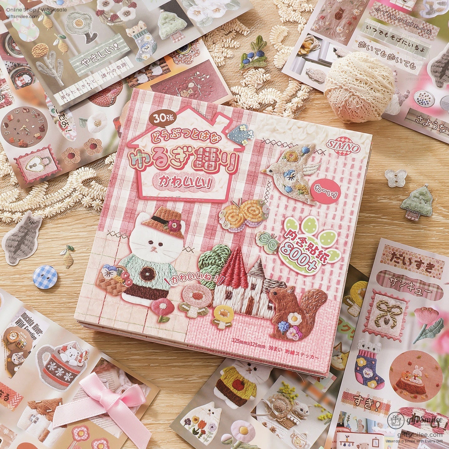 Kawaii embroidery sticker book with colorful food and whimsical animal motifs