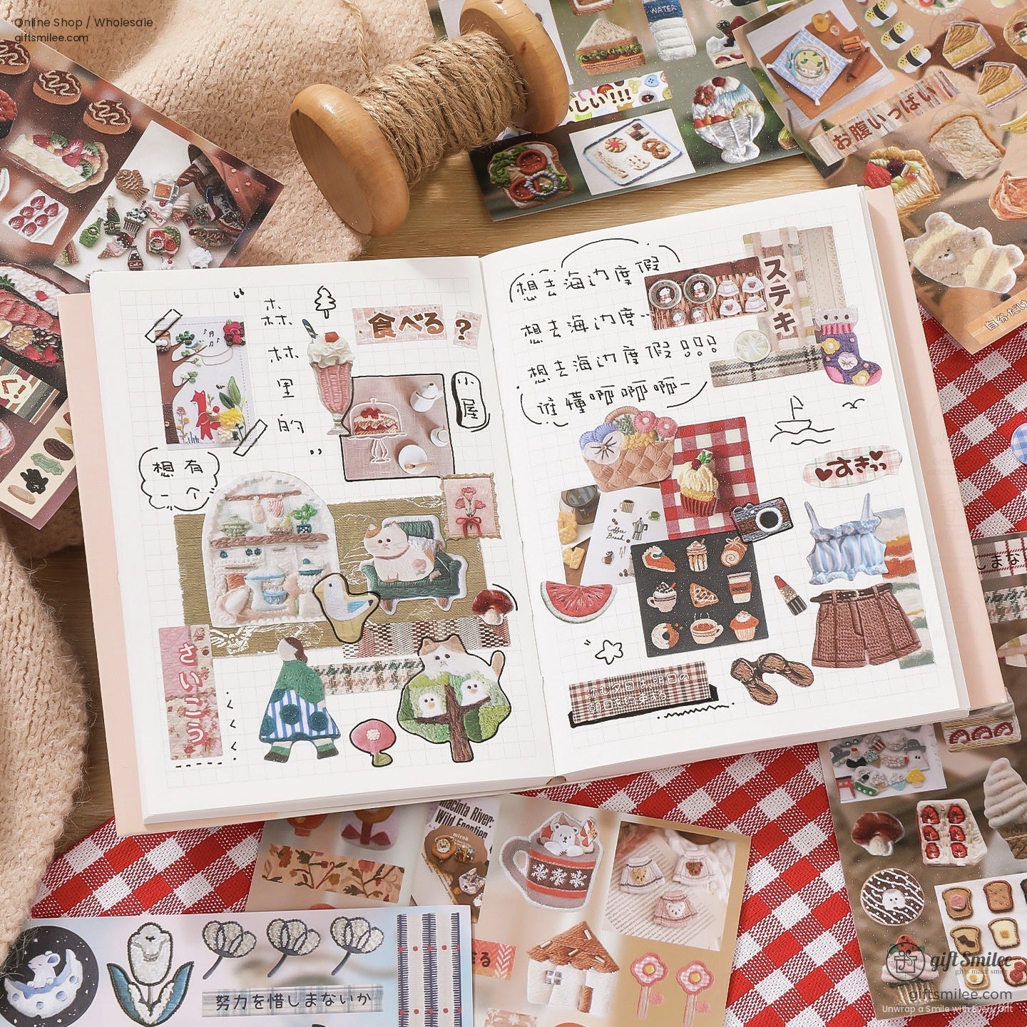 Open journal with Japanese embroidery stickers for creative journaling and DIY crafts