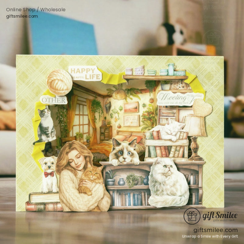 A beautifully detailed 3D-style pet-themed journal cover with a cozy room full of cats and books, creating a warm, inviting vibe