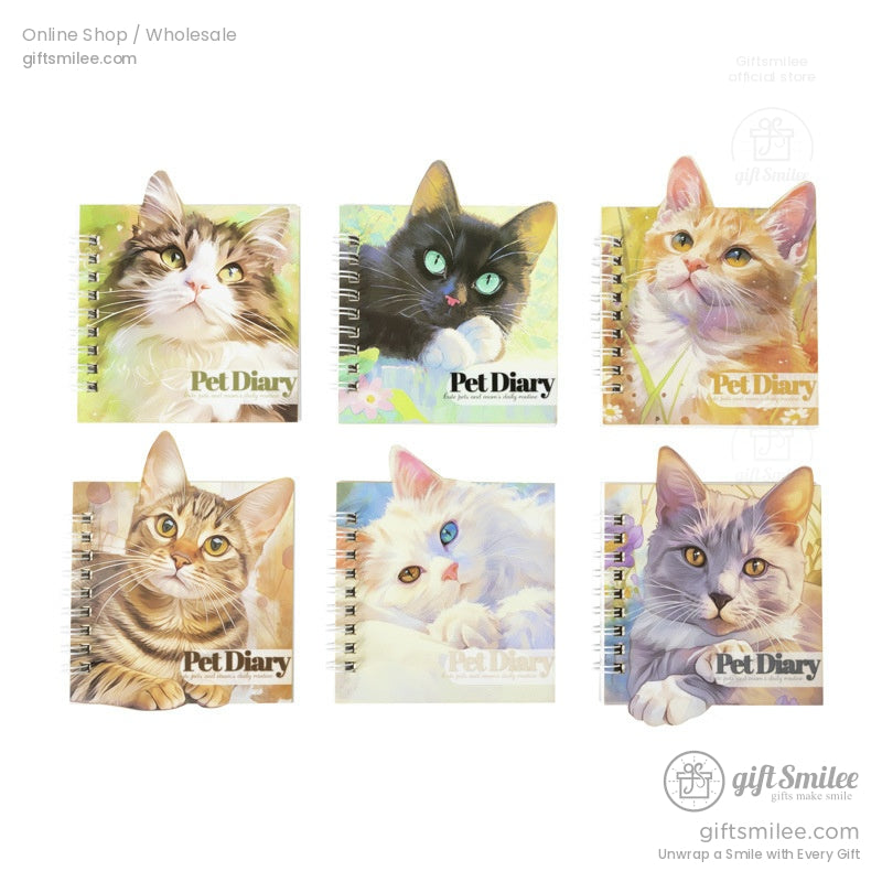 A lineup of six colorful cat-themed pet diaries, each featuring unique, artistically illustrated feline covers