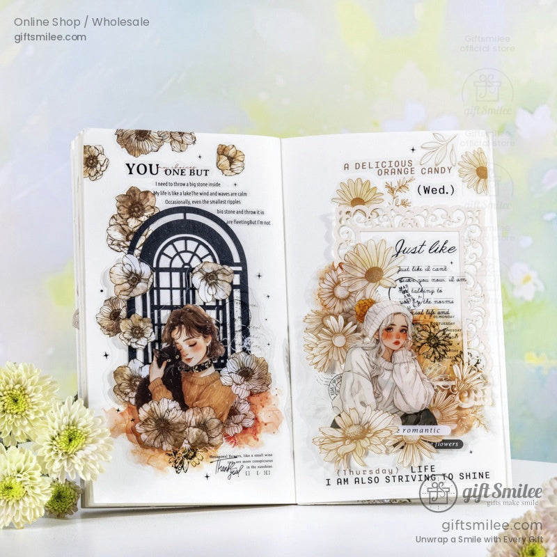 A journal layout featuring romantic floral girl stickers, paired with poetic text and vintage-inspired designs