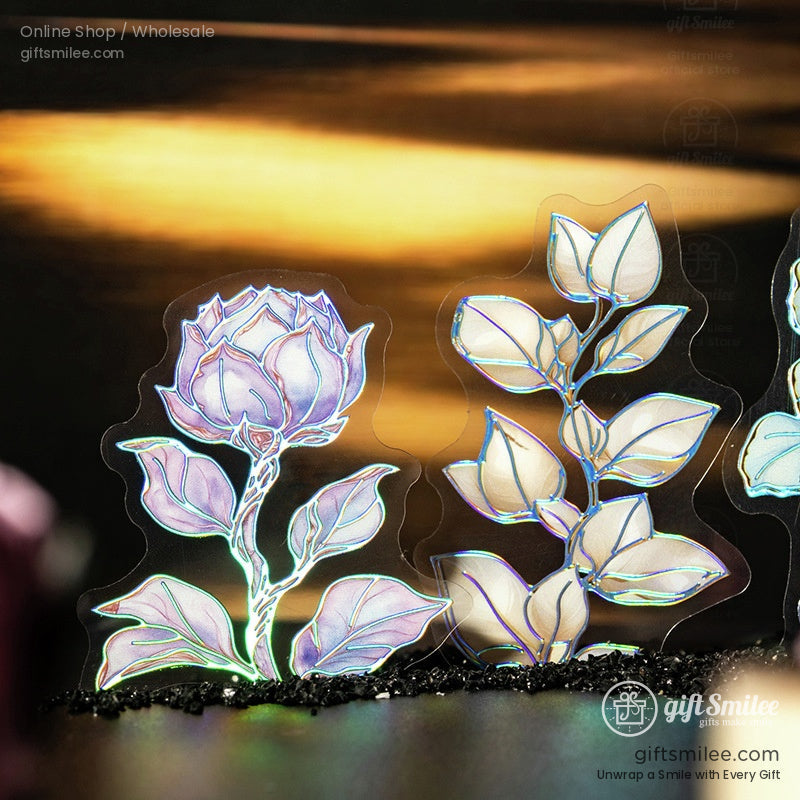 Iridescent holographic rose sticker with translucent floral design