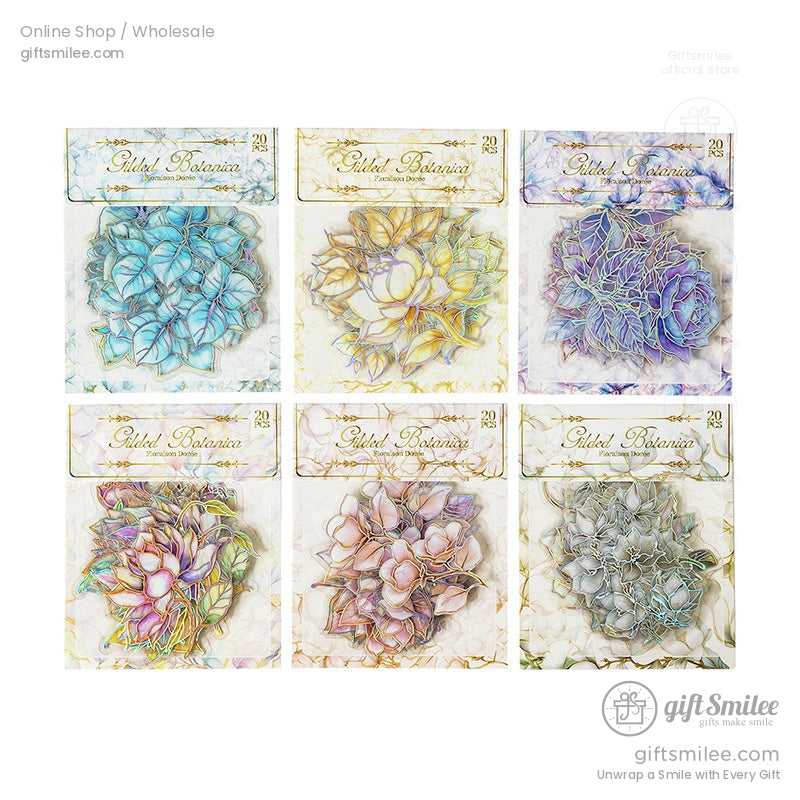 Packaging of holographic botanical sticker sets showcasing floral decals in various designs and colors