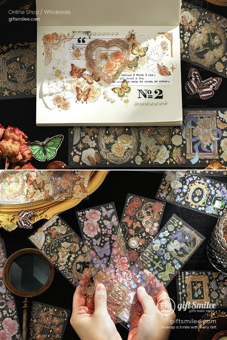 Vintage floral and butterfly-themed transparent stickers displayed on a journal and bookmarks, ideal for scrapbooking and crafts.