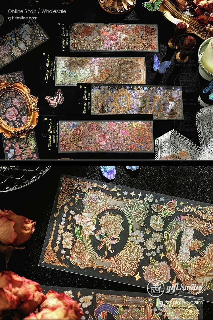 Holographic floral and butterfly decorative stickers on black background, ornate vintage gold frames and roses, product display for crafts and journaling.