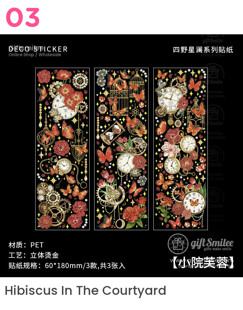 “Hibiscus in the Courtyard PET sticker sheets with vintage clocks, gears, gold accents, and orange butterflies on a black background – decorative planner and scrapbook decals.”