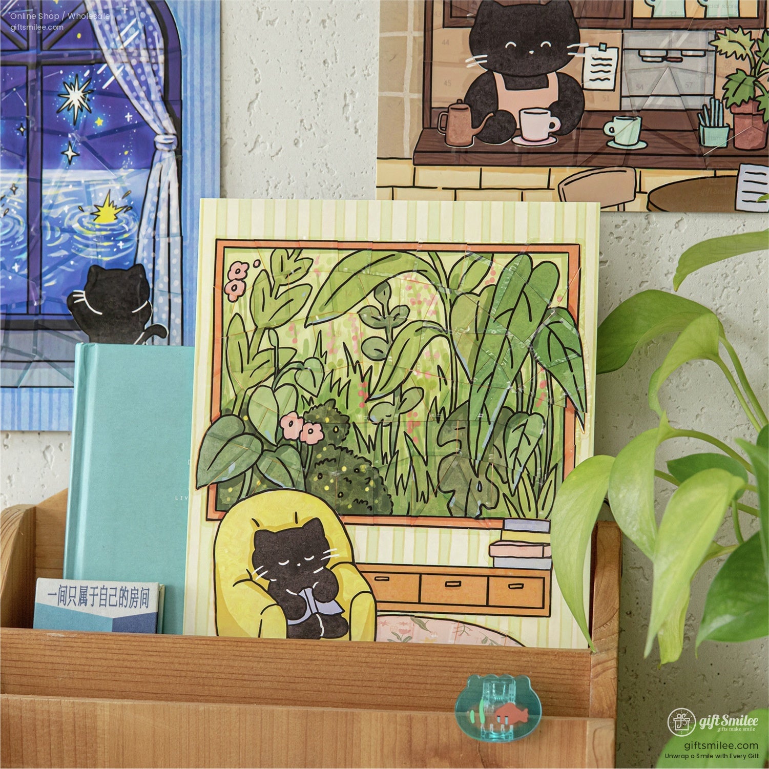 Cozy black cat art print with indoor plants and pastel home decor on wooden shelf – kawaii wall poster for cat lovers and home office décor