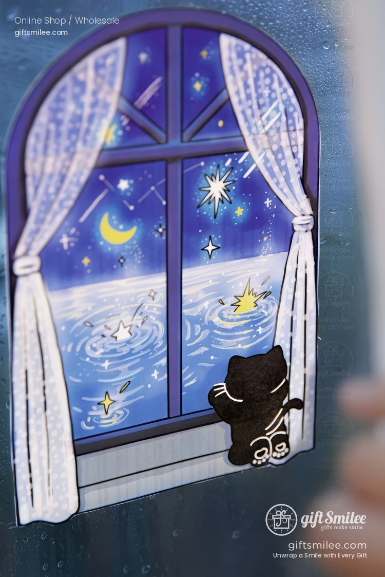 Cute black cat sticker looking out a window at a starry night sky with moon and waves, whimsical decorative decal by GiftSmilee for home or laptop.