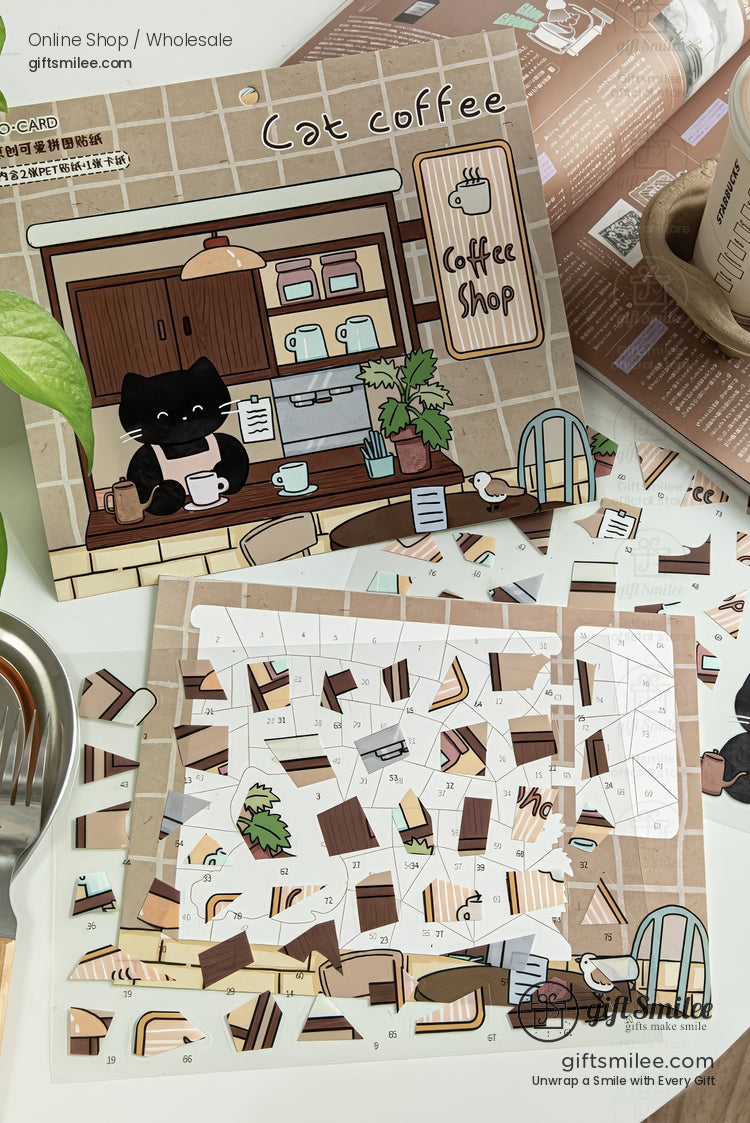 Cute “Cat Coffee” sticker set featuring a black cat barista and cozy coffee shop decor on a beige background, flat lay product photo for giftsmile.com