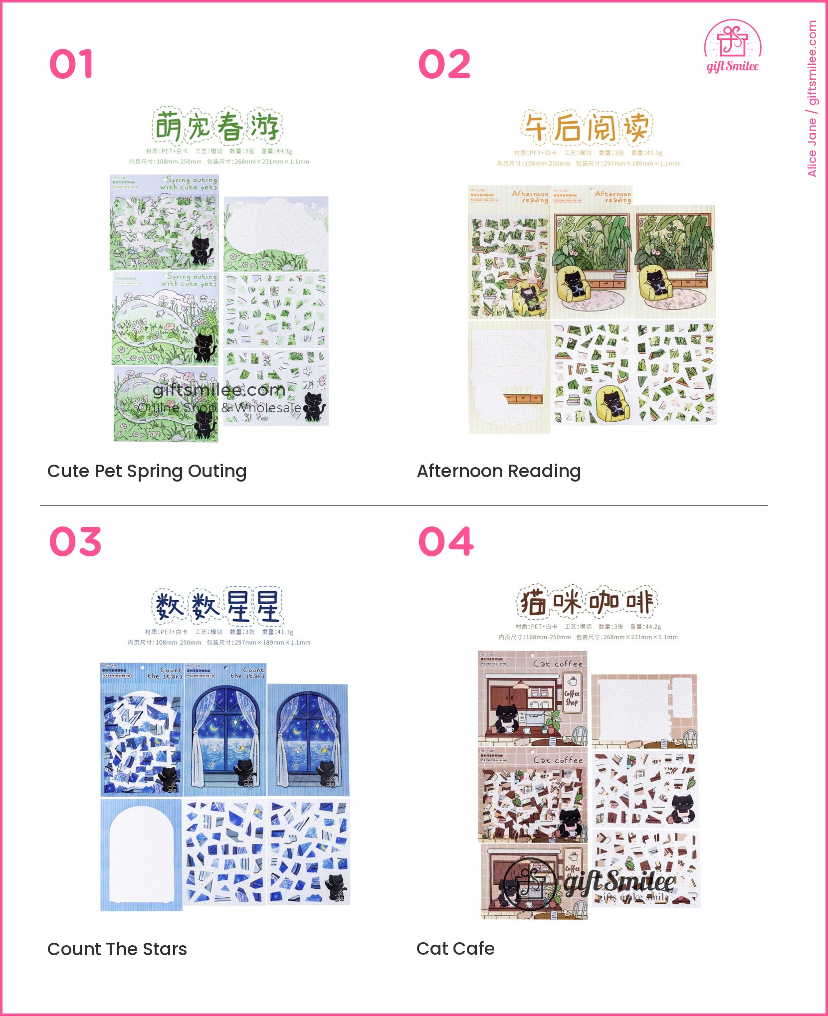 Cute Pet Spring Outing scrapbook sticker set with black cat and green spring scenery