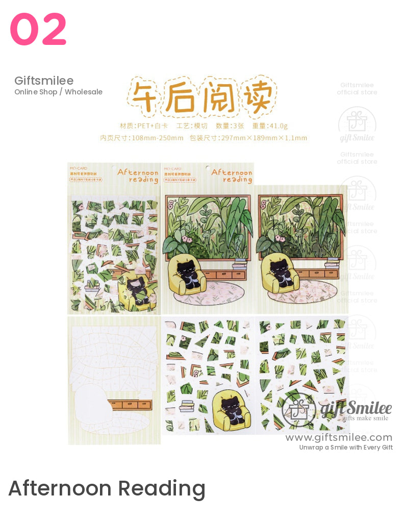 “Afternoon Reading sticker set – black cat in yellow chair with plants, DIY collage sheets by Giftsmilee”