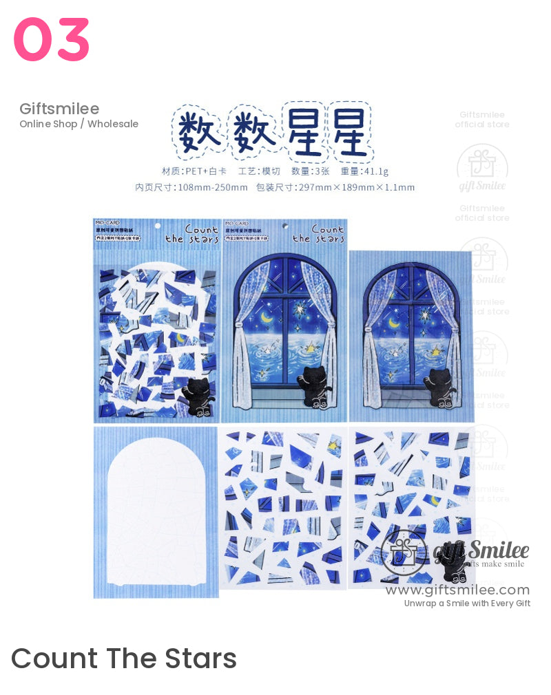 “Count The Stars blue window-themed DIY sticker set by Giftsmilee, night sky mosaic pieces and cat illustration, PET paper craft kit for journaling and scrapbooking.”