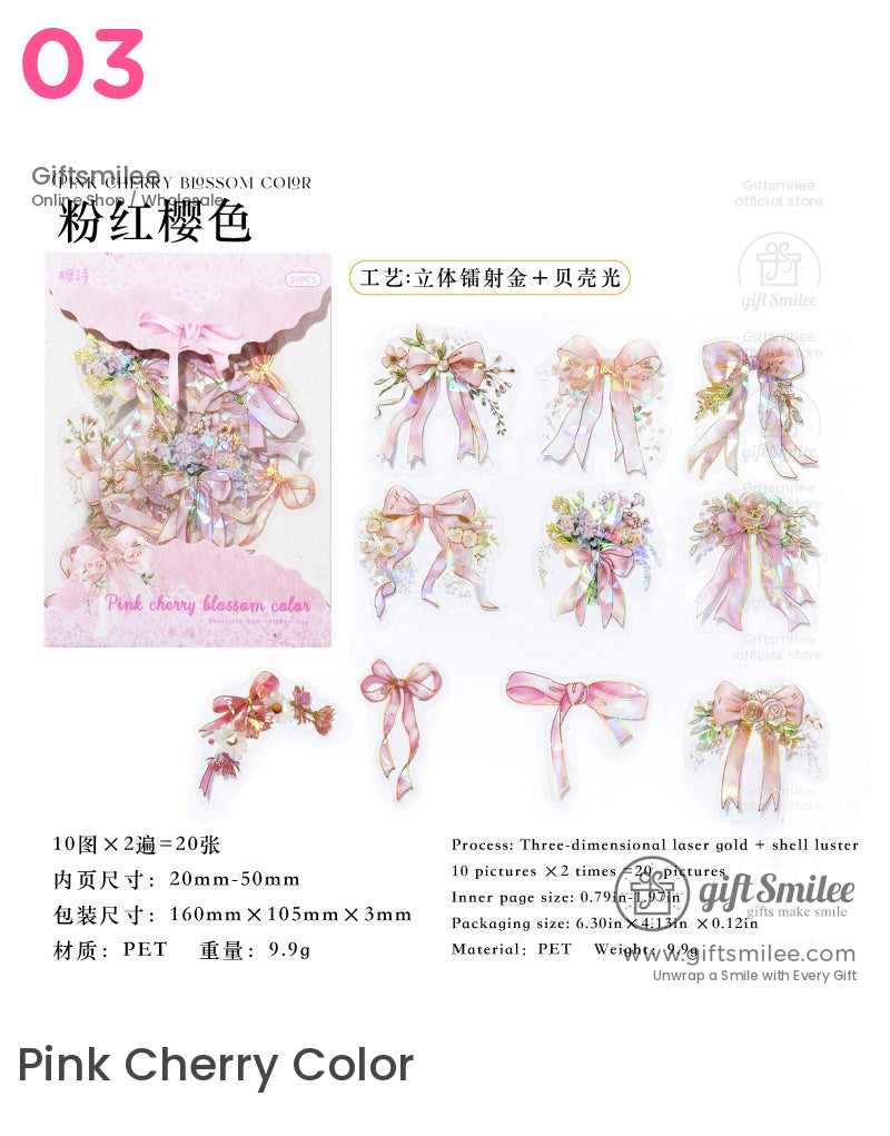 Pink cherry blossom ribbon stickers set – 3D laser gold and shell luster, PET material, floral bow designs for scrapbooking and gifts.