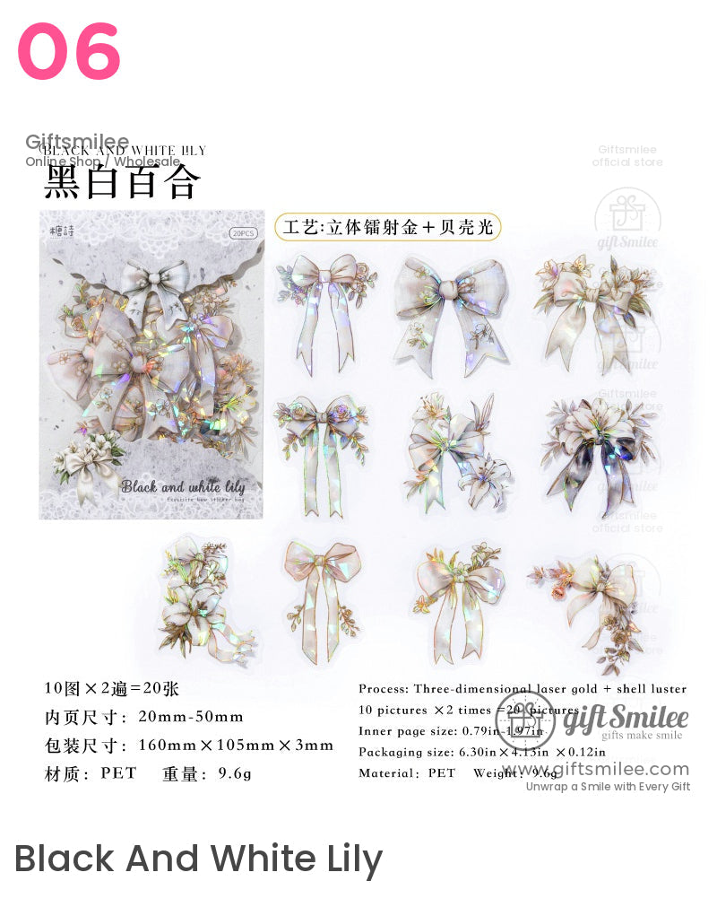 Holographic bow and lily flower sticker set – Black and White Lily theme, PET material, 20 pieces for scrapbooking and giftsmile store product page.