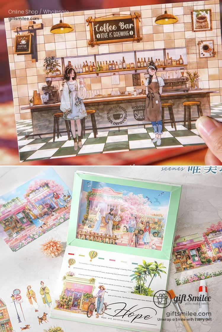 Illustrated café scene postcard with two women standing at a coffee bar counter
